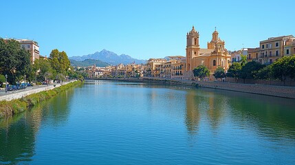 Sunny river view, church, mountains, town. Travel brochure, website