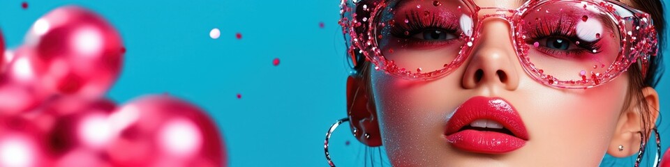 Obraz premium Vibrant fashion portrait showcasing bold makeup and accessories in a playful setting with bright colors