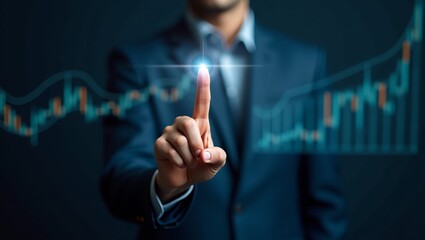 Illustration of a businessman's hand, pointing at a glowing finger showing a graph growth graphic.