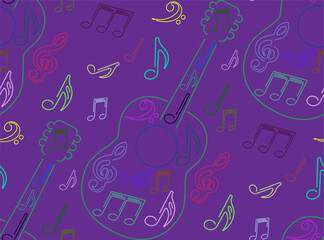 Stylish colorful line art guitar with musical notes seamless pattern. Design  music related projects, posters, and prints, textile design, the combination of the guitar and musical notes. 
