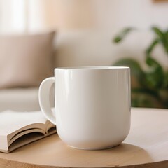 Obraz premium Blank white mug close up mockup on blur living room background. 