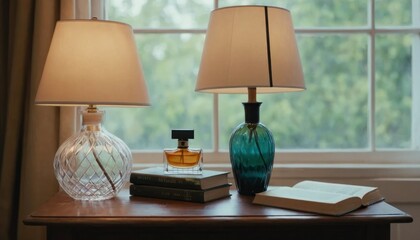 A wooden table with a lamp, a book, and a bottle of perfume in front of a window with a blurry background.
