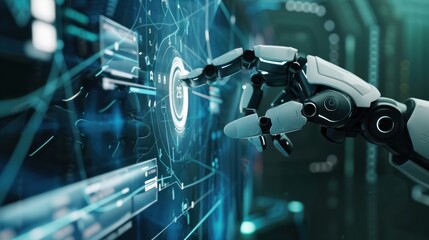 Robotic hand activating futuristic interface in server room