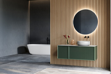 Modern bathroom interior with a freestanding bathtub, wooden slatted wall, round backlit mirror,...