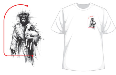 Modern minimalist t-shirt design with a Christian quote. Features a black and white sketch of Jesus carrying a lamb and the words "The Good Shepherd." © ndk3108