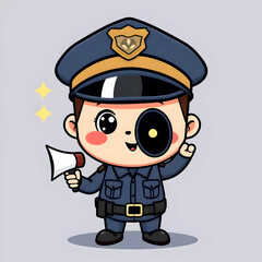 Cute Police Holding Megaphone Cartoon Vector Icon Illustration People Profession Icon Isolated Flat