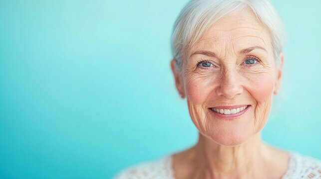Smiling elderly woman in an elegant dining room radiates joy while sitting at a beautifully set table, surrounded by cheerful decor
