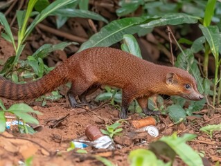 A striking reddish-brown Javan mongoose ambles through lush green foliage, near discarded cans, showcasing its vibrant fur and captivating gaze.
