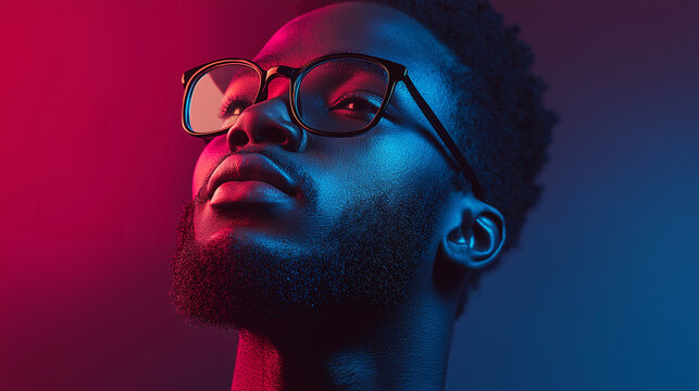 Artistic portrait of man in dramatic neon lighting