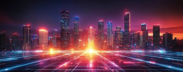 Fototapeta premium Vibrant holographic display of a futuristic city skyline, illuminated skyscrapers, glowing platform, dark urban landscape, neon lights, cyberpunk atmosphere