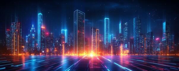 Vibrant holographic display of a futuristic city skyline, illuminated skyscrapers, glowing platform, dark urban landscape, neon lights, cyberpunk atmosphere