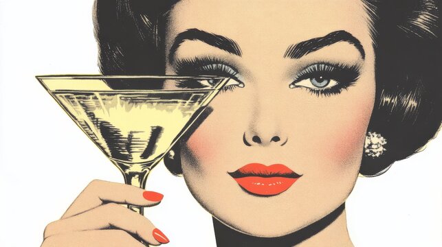 A graphic depiction of a vintage woman toasting with a martini glass, celebrating in her old age.