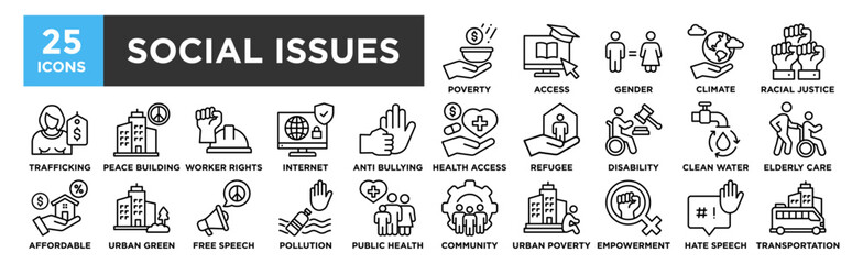 Fototapeta premium Social Issues icon collection set. Containing design Poverty, Education Access, Gender Equality, Climate Action, Racial Justice