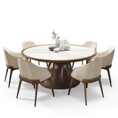 Round marble dining table with six beige chairs on wooden legs.