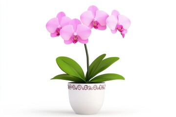 Naklejka premium Beautiful Pink Orchid Flower in Decorative Pot with Green Leaves