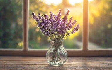 A simple clear glass vase with lush lavender blooms, elegant simplicity, soft focus, warm light streaming through, soothing atmosphere, fine art photography