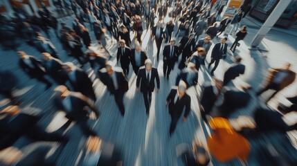 Obraz premium Abstract motion blur of a busy crowd of business professionals walking on a city street, symbolizing urban hustle and activity. 
