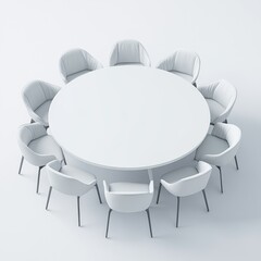 Fototapeta premium Ten white chairs surround a large white round table on a white background.