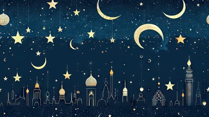Night cityscape, golden crescent moons, stars;  Ramadan celebration background