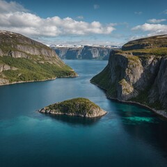 A Scandinavian fjord with dramatic cliffs and crystal-clear water.

