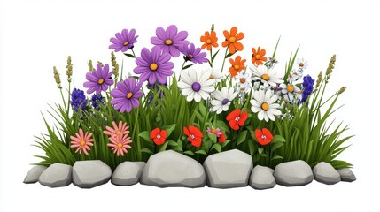 Colorful Flower Garden with Stones and Green Grass Design