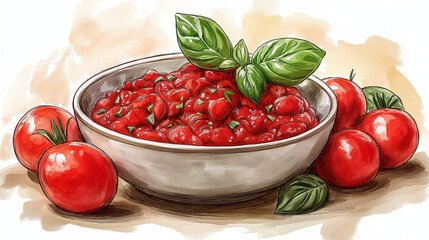 Bowl of tomato paste and tomatoes. Bowl of tasty tomato sauce on wooden table