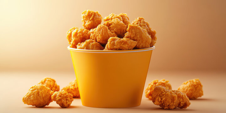 Delicious fried chicken in a yellow bucket on a soft background.