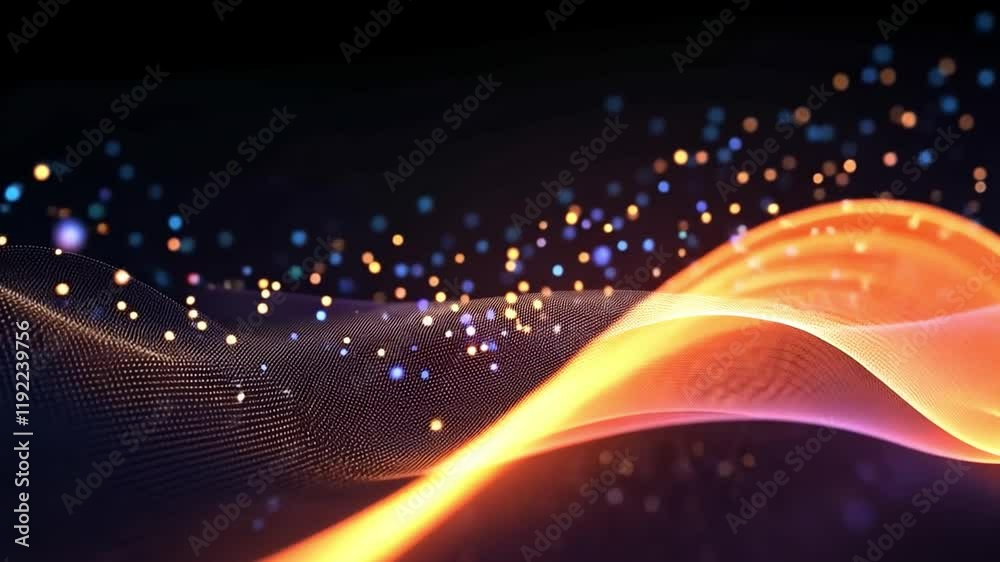 Poster Abstract Flow: Glowing orange and pink wave of light particles dancing across a dark background, creating an ethereal and dynamic abstract art piece. 