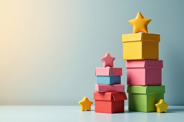 Stacked toy boxes with various shapes and colors , action figures, piles, balls