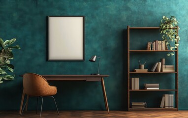 A hyper-realistic interior design mockup showcasing an empty poster frame on a textured teal wall above a mid-century modern desk with a matching chair