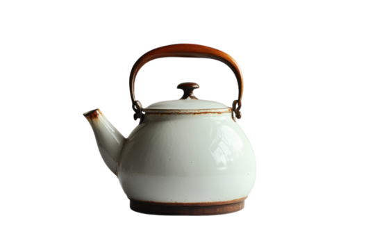 Classic white ceramic kettle with wooden handle placed on a clean background showcasing timeless design and practicality
