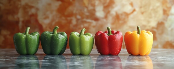 Fresh bell peppers in red, green, yellow, and orange arranged beautifully on a smooth surface, warm and welcoming background, vibrant colors, healthy food concept