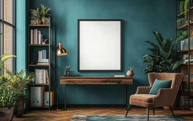 A hyper-realistic mockup of a blank poster frame in a brown and teal-themed office, featuring a contemporary wooden desk, a stylish upholstered chair