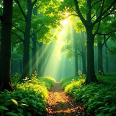 Obraz premium Sunlight dapples through lush green summer forest canopy , panorama, background, path