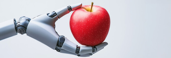Food robotics. A robotic hand holding a vibrant red apple against a neutral background.
