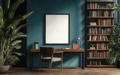 A mockup of an empty, blank poster frame on a teal-painted wall, positioned above a sleek wooden desk with a minimalist chair, a tall bookshelf filled with books and decor items to the side