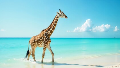 Giraffe standing in shallow water with a tranquil light blue ocean in the background