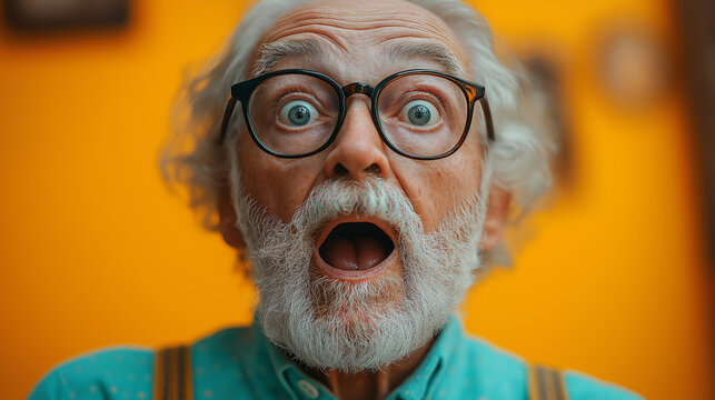 Amazed grandfather. Old, gray-haired man looking with surprising. Unbelievable news