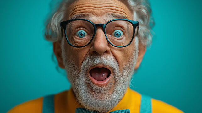 Amazed grandfather. Old, gray-haired man looking with surprising. Unbelievable news