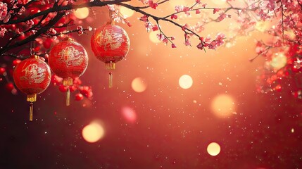 Festive lanterns and blooming branches, celebrating Lunar New Year