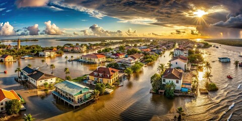 Fototapeta premium Aerial photography captures a hurricane's brutal flood aftermath: panoramic devastation along the coast.