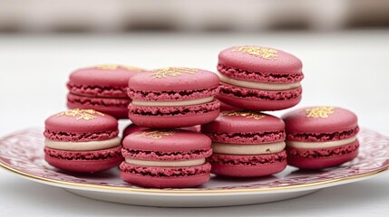Fototapeta premium Valentine macarons idea. Delicious pink macarons arranged elegantly on a decorative plate.