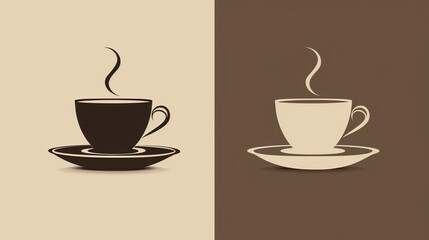 Obraz premium Two silhouette designs of a steaming coffee cup on a saucer, one dark on a light background and one light on a dark background.