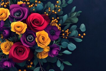 Vivid Roses Anemones and Golden Berries Bouquet
