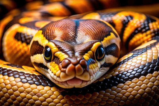 A panoramic masterpiece: a ball python's captivating gaze.  Exceptional reptile photography.