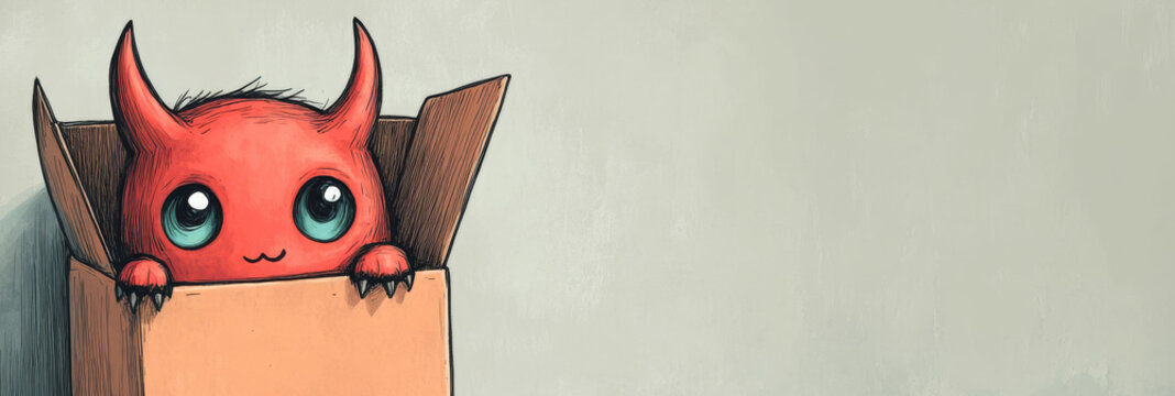 Cute little red devil hiding in cardboard box