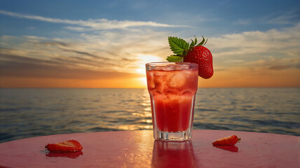 Strawberry cocktail on a sunny beach with fresh fruit, ice, and mint for a refreshing summer drink