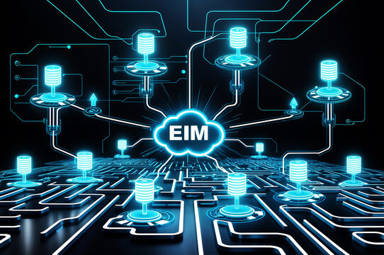 Illustration of a digital network with a central cloud word text labeled EIM acronym abbreviation of Enterprise information management