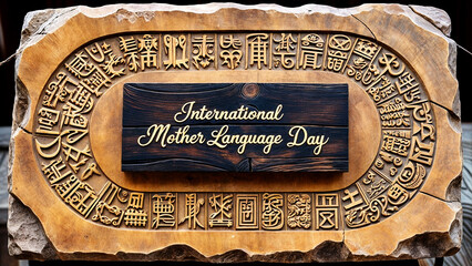 A stone with intricate carvings of various symbols and a wooden plaque in the center with word text "International Mother Language Day."  An Feb event