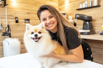 Dog grooming session pet salon photography indoor close-up joyful experience